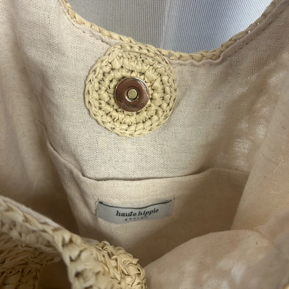 Haute Hippie Lrg Handwoven Straw Tote Bag Boho Chic Summer Beach Shoulder Purse - Picture 6 of 6